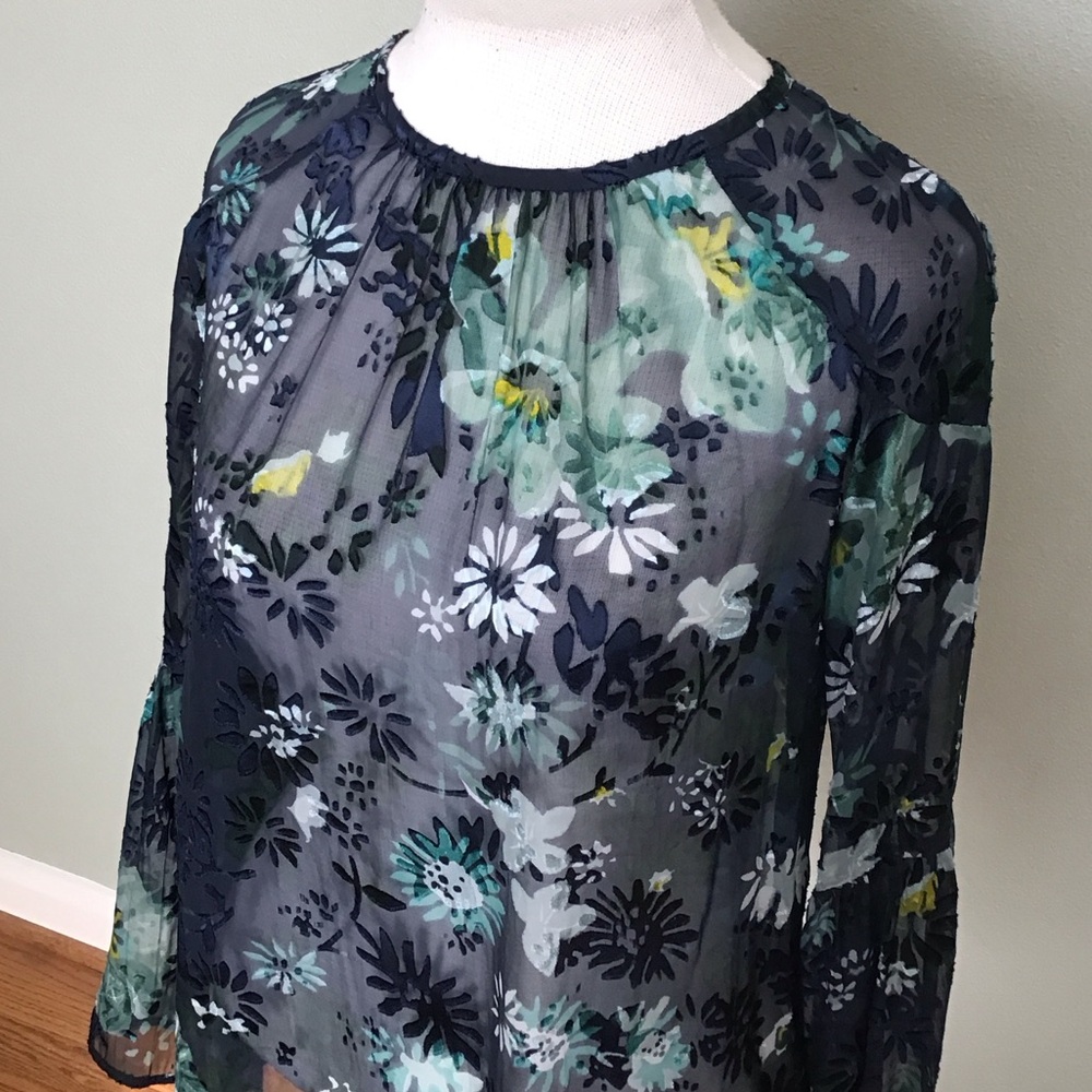 Loft Blue Floral Sheer Keyhole Long Bell Sleeves Women's XS